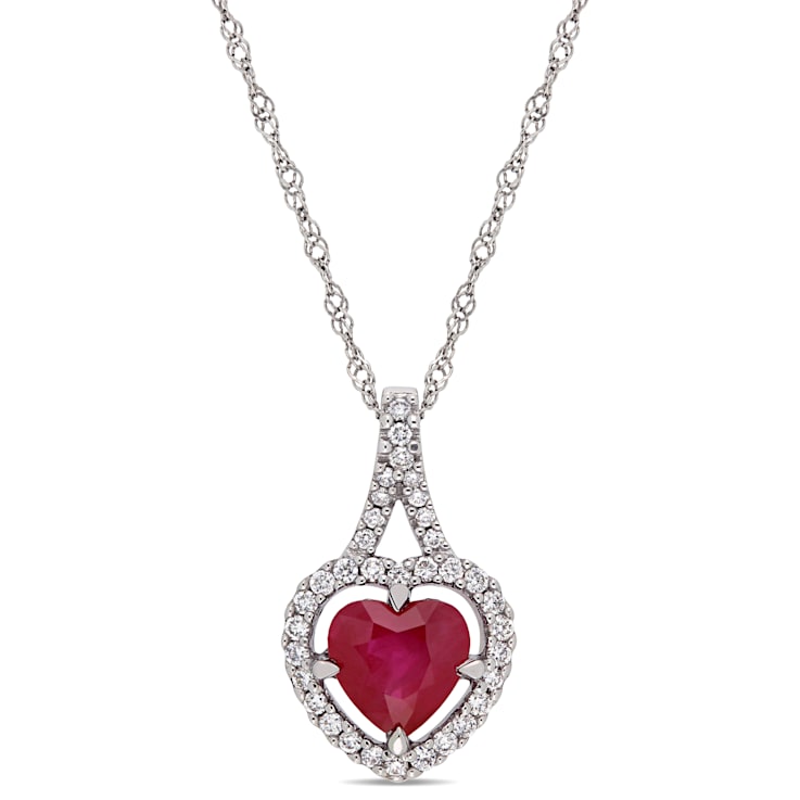 1 CT TGW Ruby and 1/6 CT TW Diamond Halo Pendant with Chain in 14K White Gold