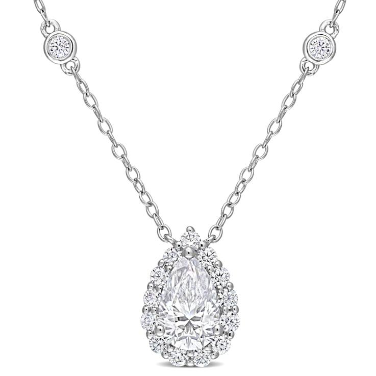 1 1/2 CT DEW Created Moissanite Teardrop Halo Necklace in Sterling Silver