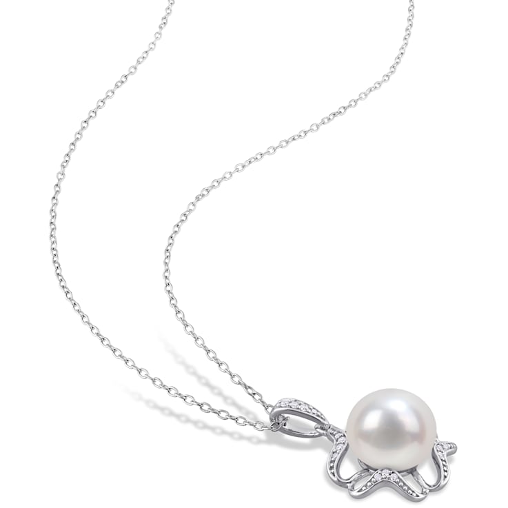 9.5-10MM Freshwater Cultured Pearl and Diamond Accent Floral Pendant
with Chain in Sterling Silver