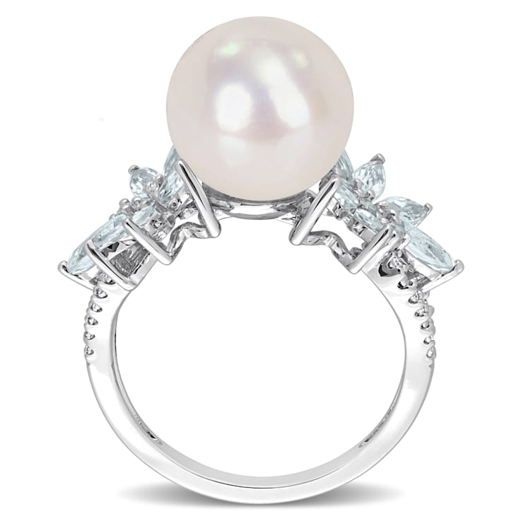 11-12MM Freshwater Cultured Pearl, 1 1/5 CT TGW Aquamarine & Diamond
Ring in Sterling Silver