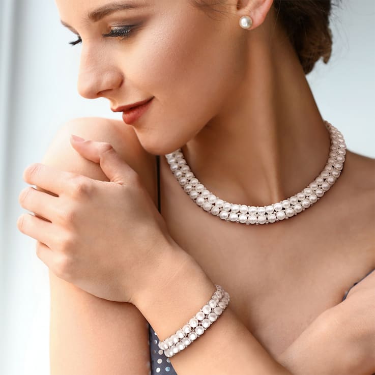 6-8MM Freshwater Cultured Pearl & Bead Double Row Strand, Bracelet
& Earrings Set in Sterling Silver