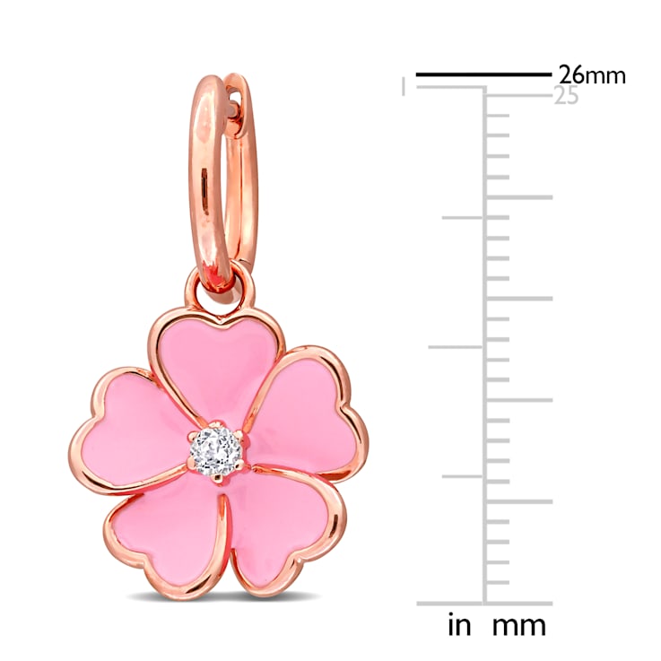 1/6 CT TGW White Topaz with Pink Enamel Flower Hoop Earrings