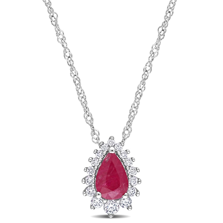 1/2 CT TGW Ruby and 1/8 CT TW Diamond Graduated Halo Pendant with Chain
in 14K White Gold
