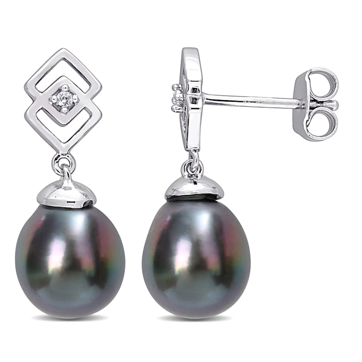 8-9MM Black Tahitian Cultured Pearl and White Topaz Drop Earrings in
Sterling Silver