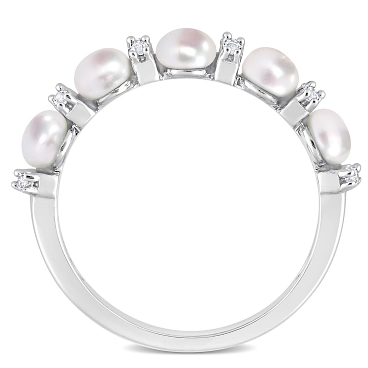 3.5-4MM Freshwater Cultured Pearl and 1/8 CT TGW White Topaz Semi
Eternity Ring in Sterling Silver