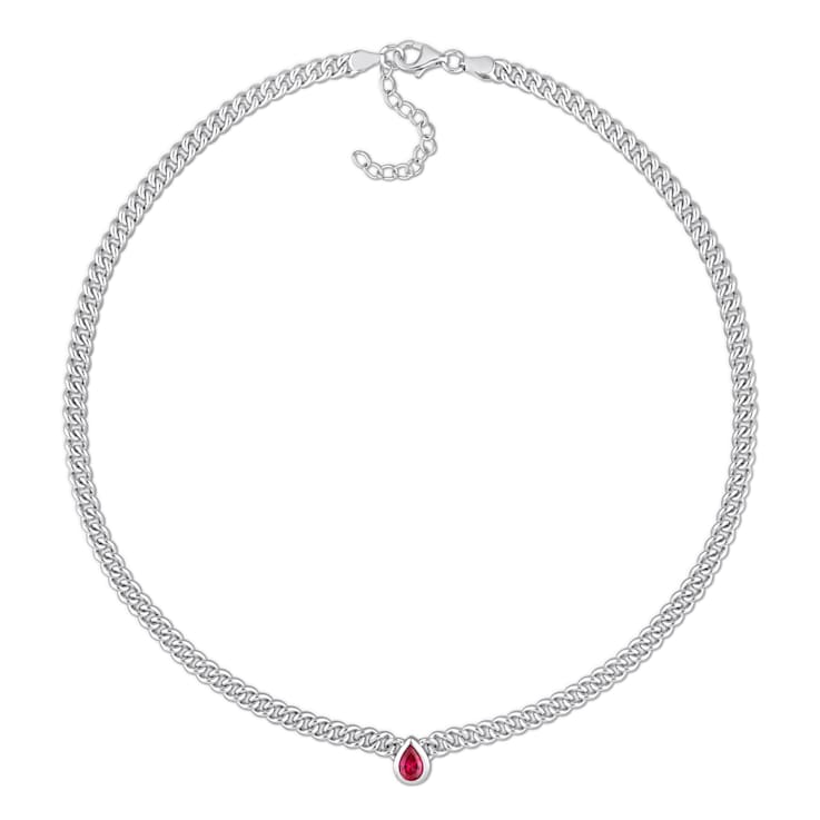 1 1/7 CT TGW Pear Created Ruby Curb Link Chain Necklace in Sterling Silver