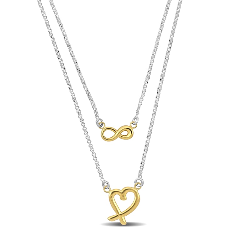 Infinity and Heart Charm Double Strand Necklace in 2-Tone Sterling Silver