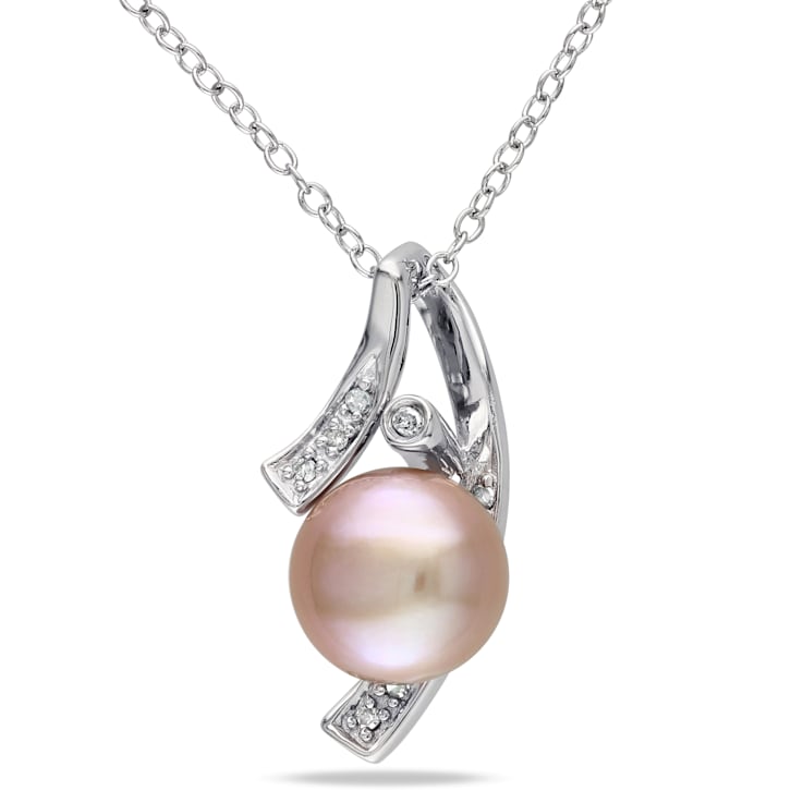 9-9.5MM Pink Freshwater Cultured Pearl and Diamond Pendant with Chain in
Sterling Silver