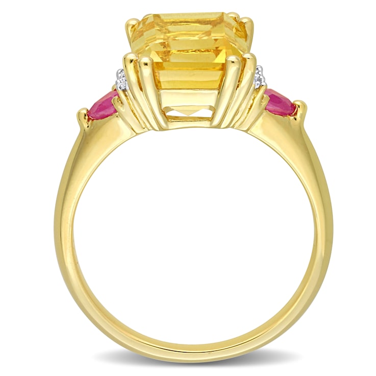 3 1/2 CTW Citrine, Ruby and Diamond 3-Stone Ring in 18K Yellow Gold
Plated Sterling Silver