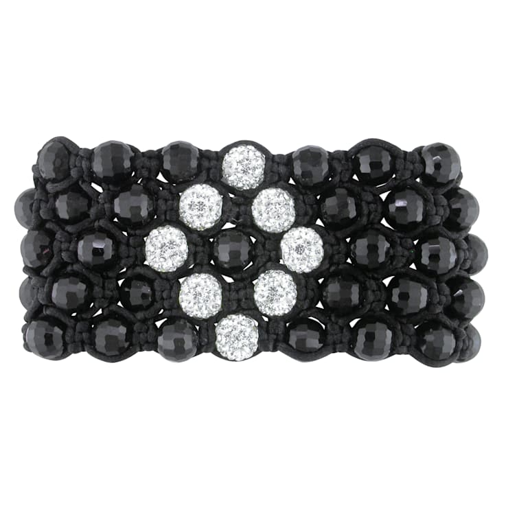 Shambhala Cuff Bracelet on Black Silk Cord with Black and White Cubic
Zirconia and Crystal Beads
