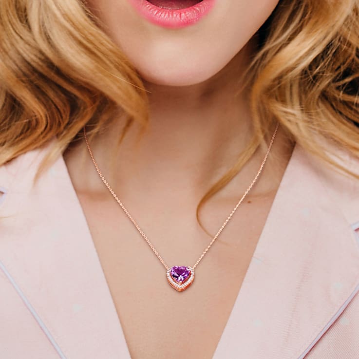 3 1/4 CT TGW Amethyst and 1/5 CT TW Diamond Halo Heart Necklace in Rose
Plated Sterling Silver