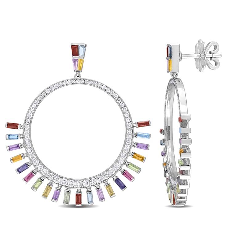 7 3/5 CT TGW Multi-Gemstone and 1 1/5 CT TW Diamond Dangle Earrings in
14K White Gold