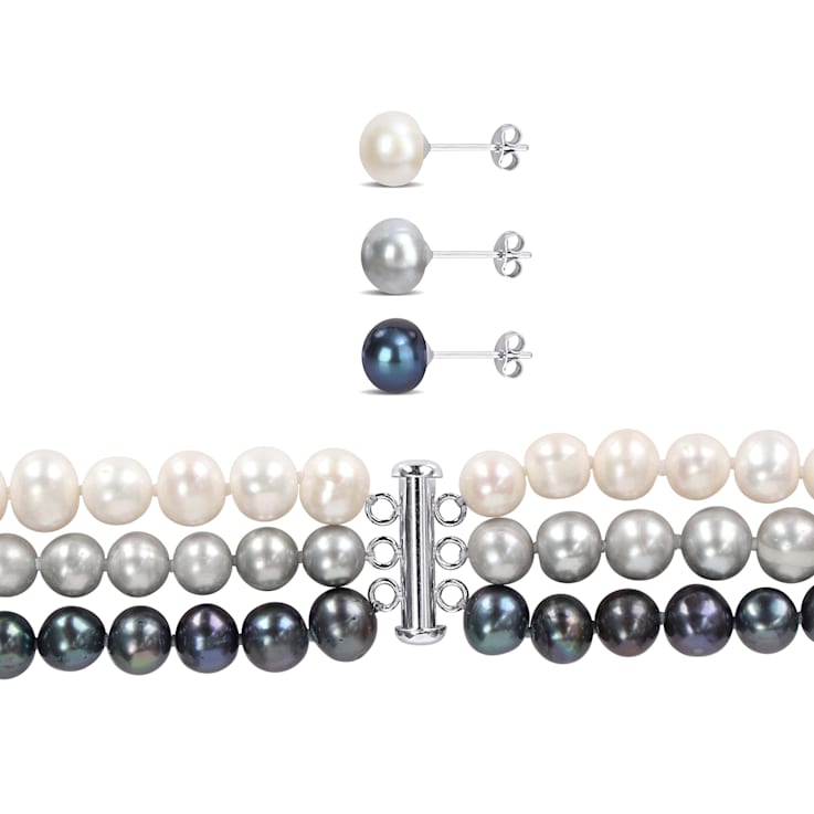 7.5-8MM Multi-Color Freshwater Cultured Pearls Necklace, Bracelet &
Earrings Set in Sterling Silver
