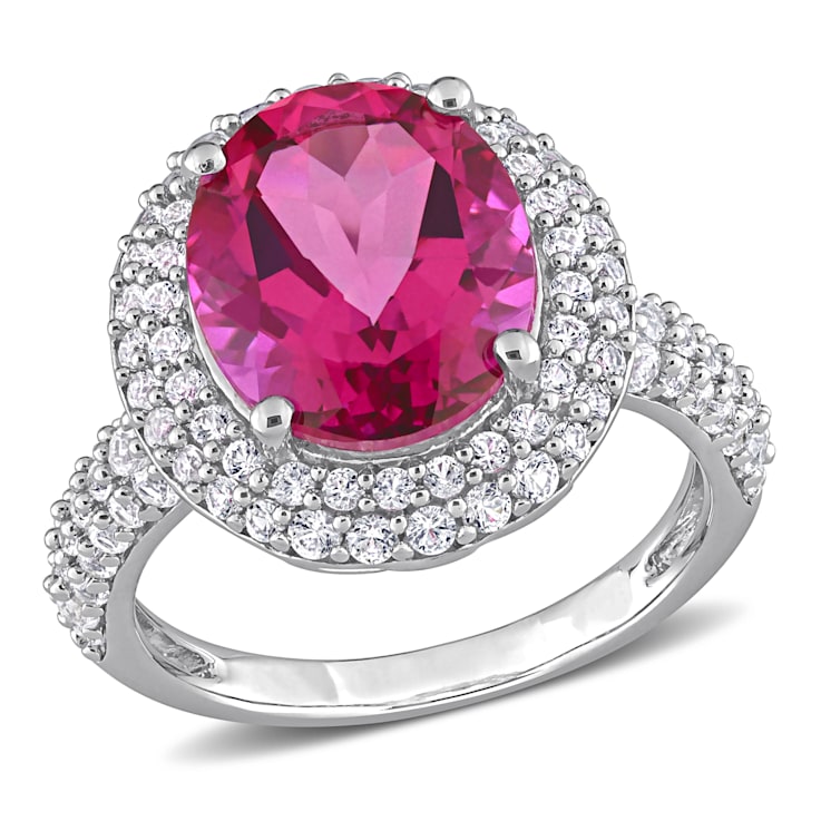 7 1/7 CT TGW Pink Topaz and Created White Sapphire Double Halo Cocktail
Ring in Sterling Silver