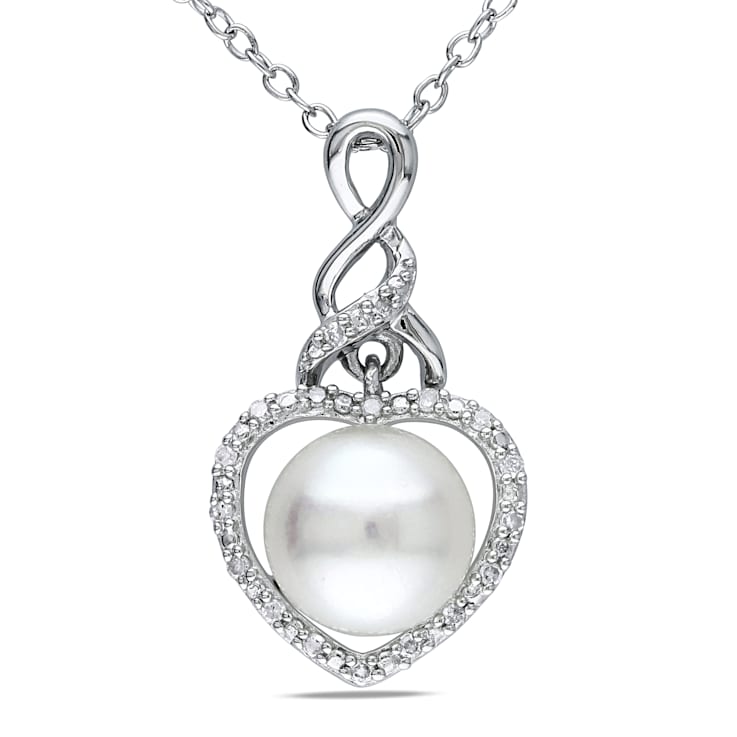8-8.5MM Freshwater Cultured Pearl and Diamond Heart Pendant with Chain
in Sterling Silver