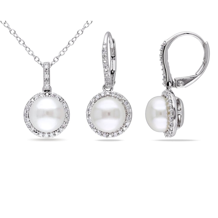 8-8.5MM Freshwater  Cultured Pearl and 1/3 CT TW Diamond Earrings and
Pendant in Sterling Silver