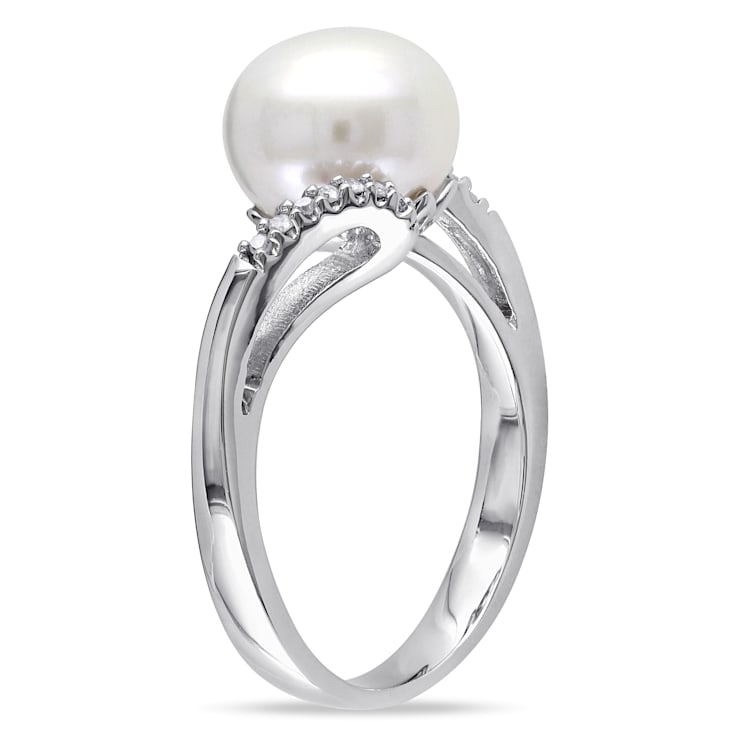 9-9.5MM Freshwater Cultured Pearl Bypass Ring with Diamonds in Sterling Silver