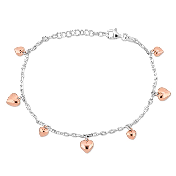Heart Charm Station Bracelet in 2-Tone White and Rose Plated Sterling Silver