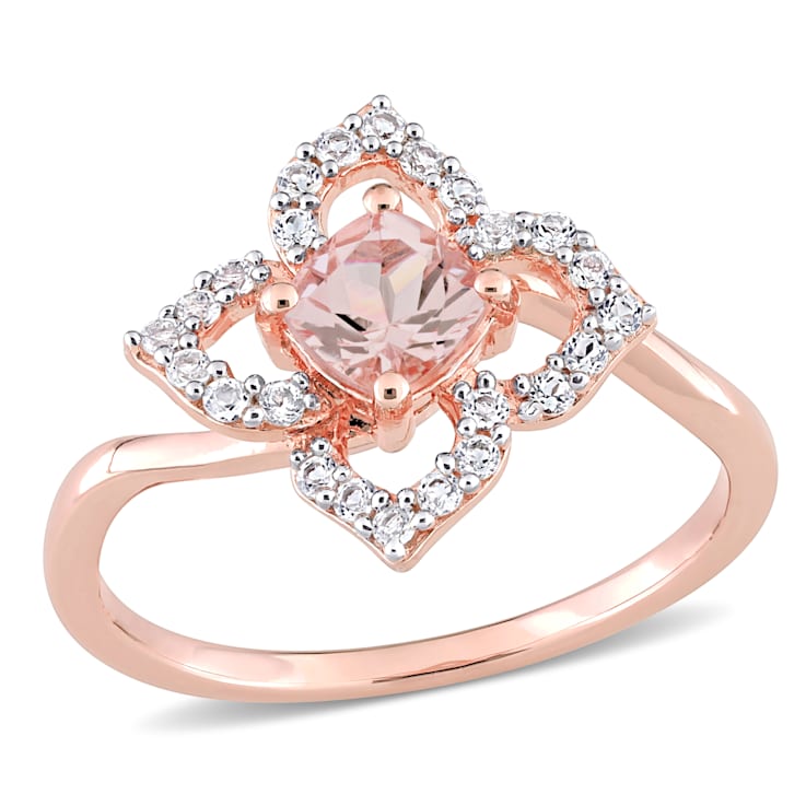 4/5 CTW Morganite and White Topaz Floral Ring in Rose Plated Sterling Silver
