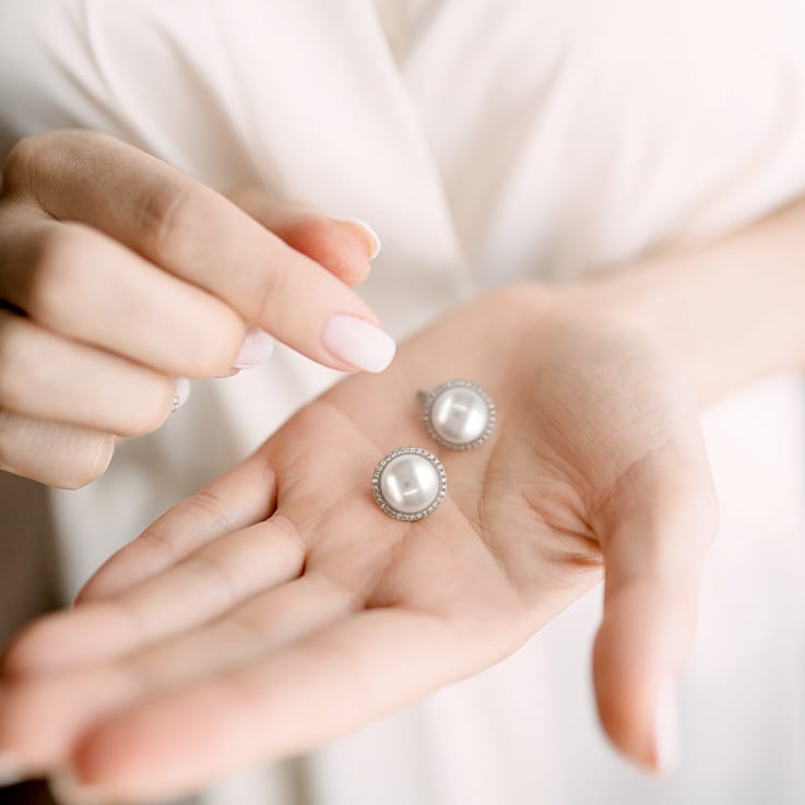 12.5-13MM Freshwater Cultured Pearl and 1/2 CT TW Diamond Halo Earrings
in 14K White Gold