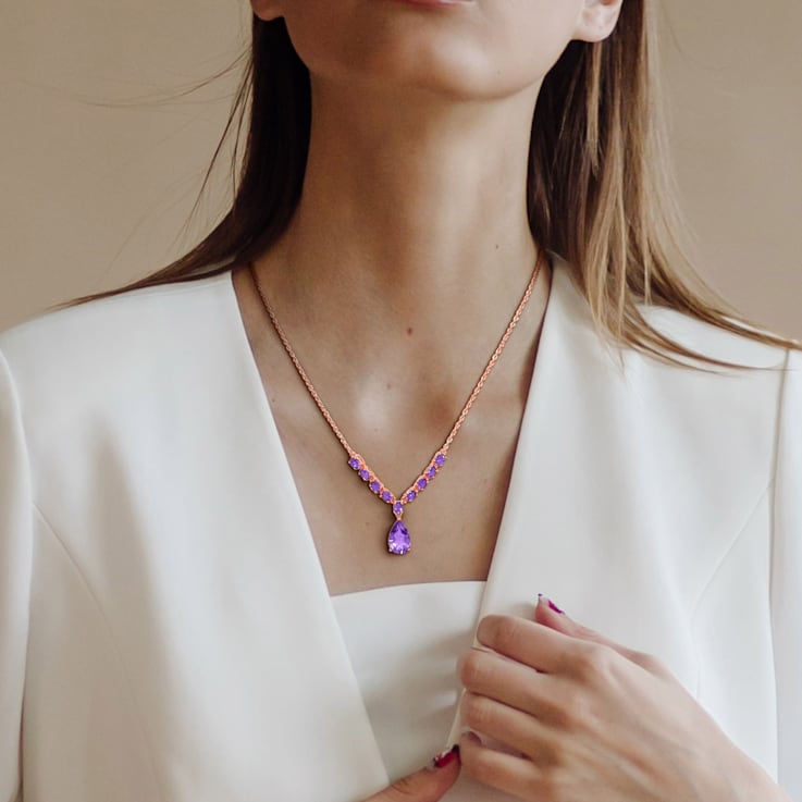 2 1/3 CT TGW Amethyst Lariat Necklace in Rose Plated Sterling Silver