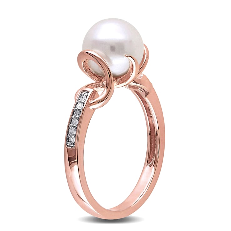 8-8.5MM Freshwater Cultured Pearl and Diamond Solitaire Twist Ring in
Rose Plated Sterling Silver
