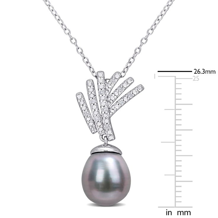 9.5-10MM Black Tahitian Cultured Pearl and Diamond Accent Pendant with
Chain in Sterling Silver