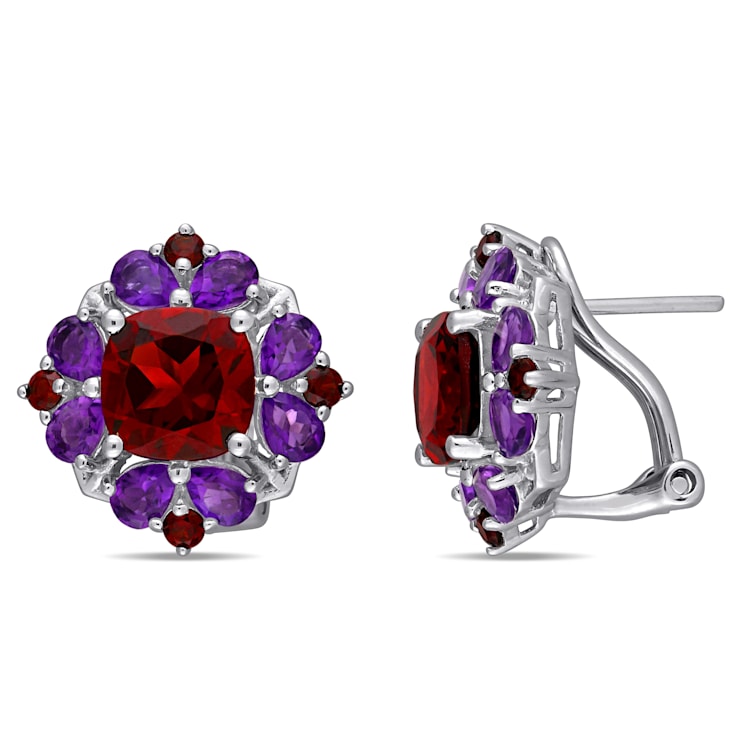 8-7/8ctw Garnet and Amethyst Floral Earrings in Sterling Silver
