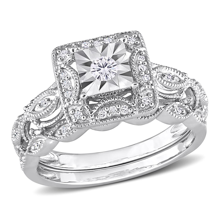 1/5 CT TW Diamond Square Halo Bridal Ring Set in Sterling Silver