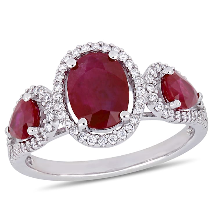 2 1/6 CT TGW Ruby and 1/3 CT TW Diamond Three Stone Ring in 14K White Gold