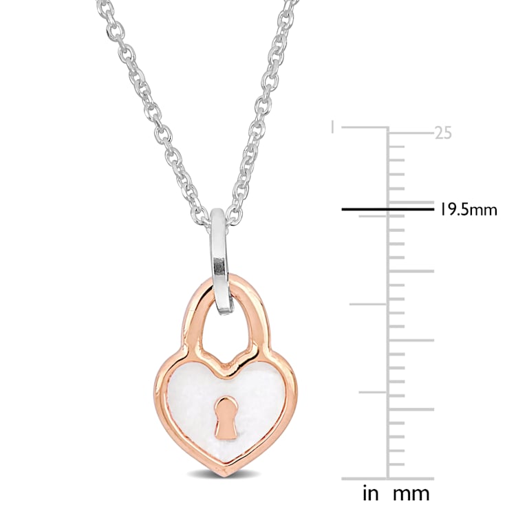 White Enamel Pink Heart Lock Charm Pendant with Chain in Sterling Silver