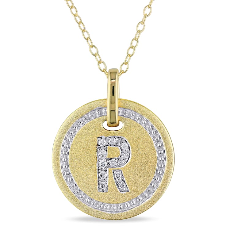 Diamond "R" Initial Pendant with Chain in 18K Yellow Gold Over
Sterling Silver
