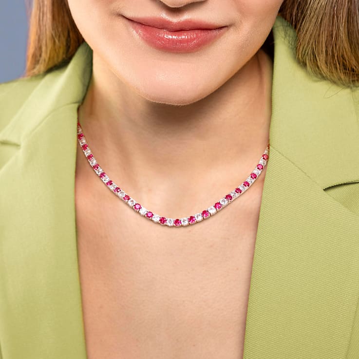 33 CT TGW Created Ruby and Created White Sapphire Tennis Necklace in
Sterling Silver