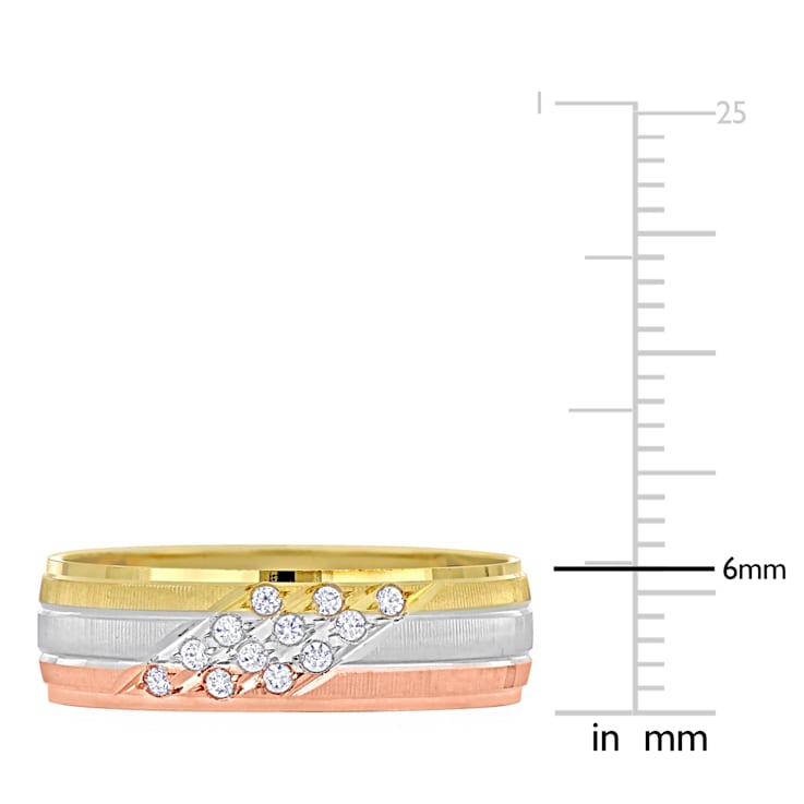 Men's 6mm Cubic Zirconia Matte Three Row Wedding Band in 14K 3-Tone Gold