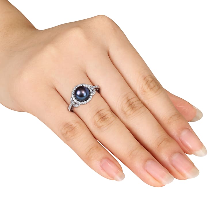 8.5-9MM Black Freshwater Cultured Pearl and Cubic Ring in Sterling Silver