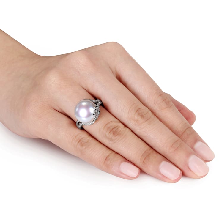 12-12.5MM Freshwater Cultured Pearl Ring with Diamonds in