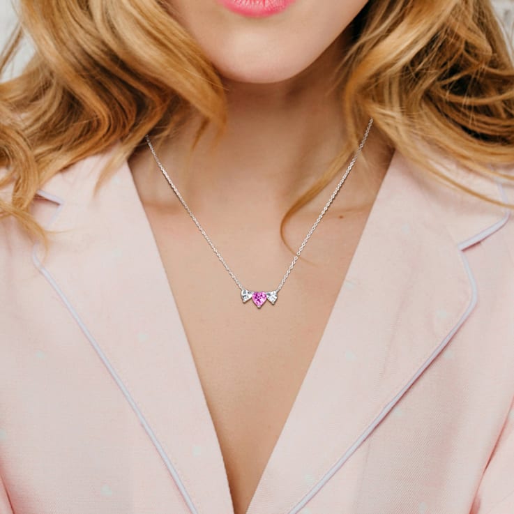 2 5/8 CT TGW Created Pink Sapphire Triple Heart Necklace in Sterling Silver