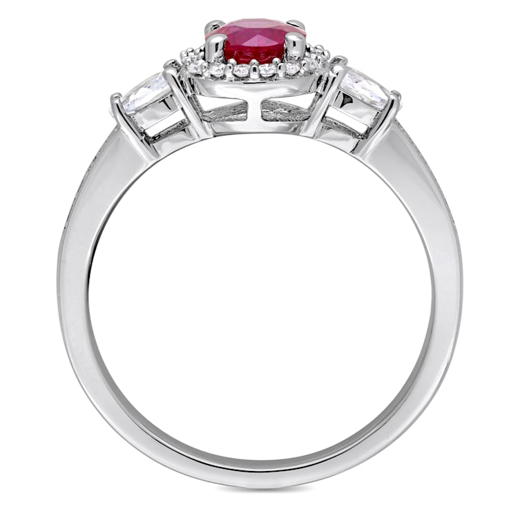 1 CT TGW Ruby and White Sapphire and 1/8 CT TW Diamond 3-Stone Ring Halo
in 14K White Gold