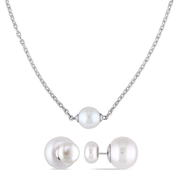 8-13MM Freshwater Cultured Pearl Stud Earrings and Pearl Necklace in
Sterling Silver