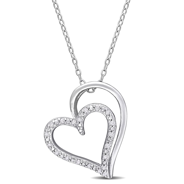 1/10 CT TDW Diamond Double Heart Pendant with Chain in Sterling Silver