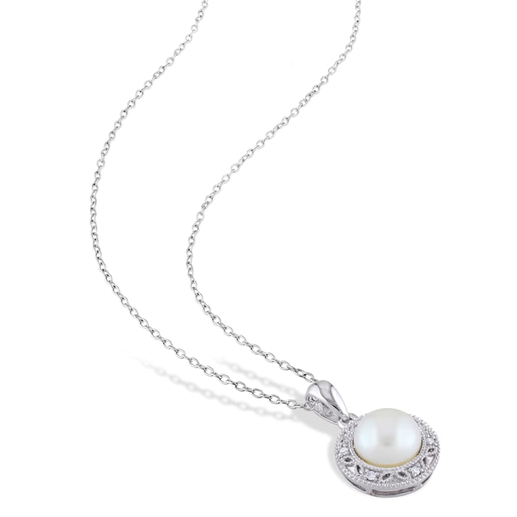 7.5-8MM Freshwater Cultured Pearl and Diamond Filigree Pendant with
Chain in Sterling Silver