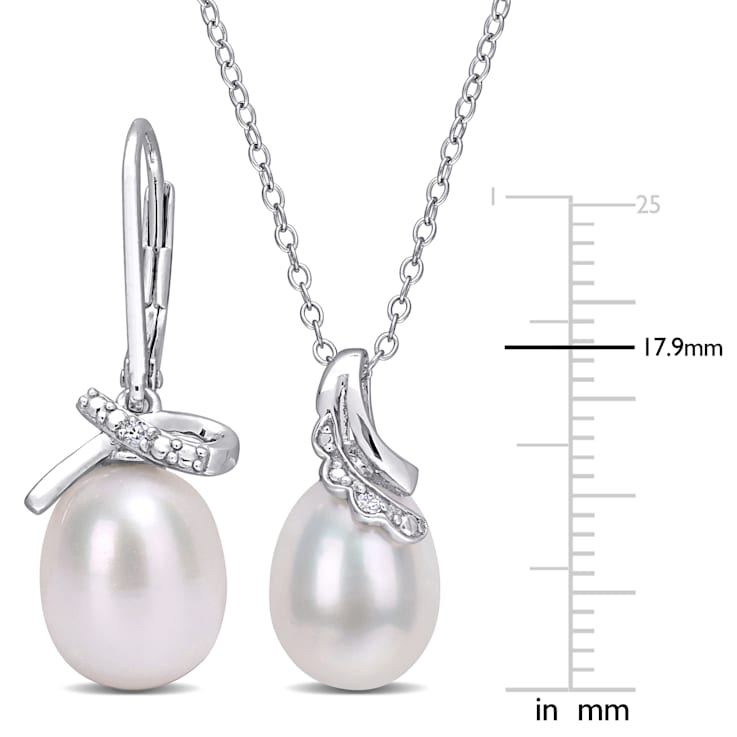 7.5-9MM Freshwater Cultured Pearl and Diamond Accent Earrings and
Pendant Set in Sterling Silver