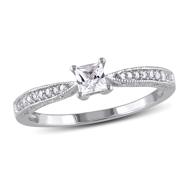 1/3 CT TGW Created White Sapphire and Diamond Accent Engagement Ring in
Sterling Silver