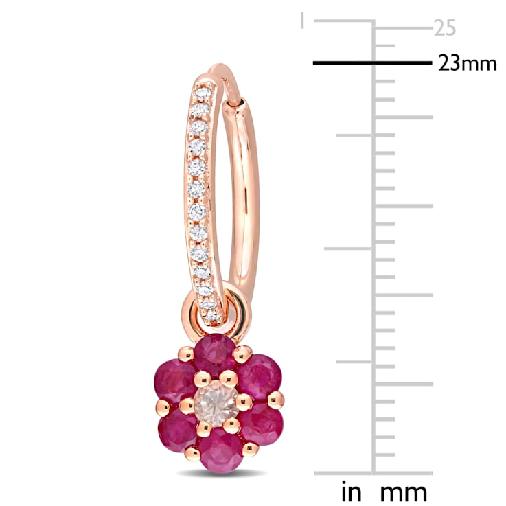 1 1/10 CT TGW White Sapphire Ruby and 1/8 CT TW Diamond Floral Hoops in
10K Rose Gold