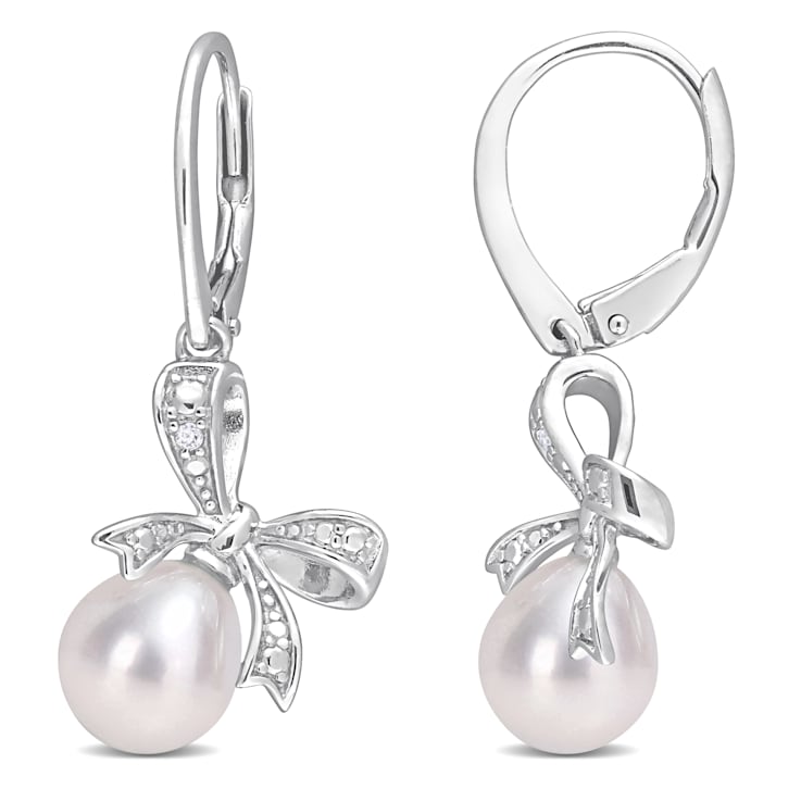 7.5-8MM Freshwater Cultured Pearl and Diamond Accent Bow Leverback
Earrings in Sterling Silver