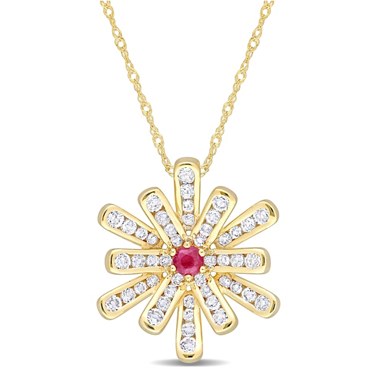 1 1/4 CT TGW Ruby and White Topaz Floral Pendant with Chain in 10K
Yellow Gold