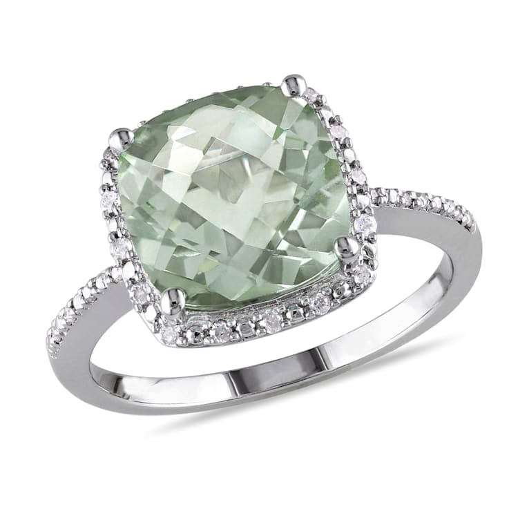 4 CT TGW Green Quartz and 1/10 CT TW Diamond Halo Ring in Sterling Silver