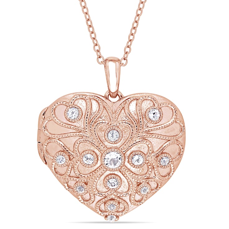 5/8 CT TGW White Topaz Heart Locket Necklace in Rose Plated Sterling Silver