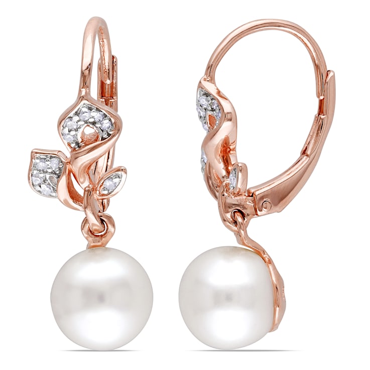 7.5-8 MM Freshwater Cultured Pearl and 1/10ctw Diamond Earrings 18K Rose
Gold Over Sterling Silver