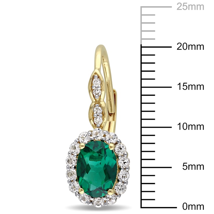 2 1/4 CT  Created Emerald, White Topaz and Diamond Accent Vintage
LeverBack Earrings in 14k Gold